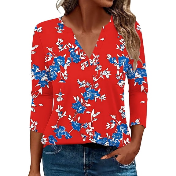 3/4 Sleeve Shirts for Women Fall Fashion V Neck Tops Trendy Casual Cute Floral Print Tees Loose Comfy Blouses Ladies Fashion Fall Winter Going Out Blouses 2026