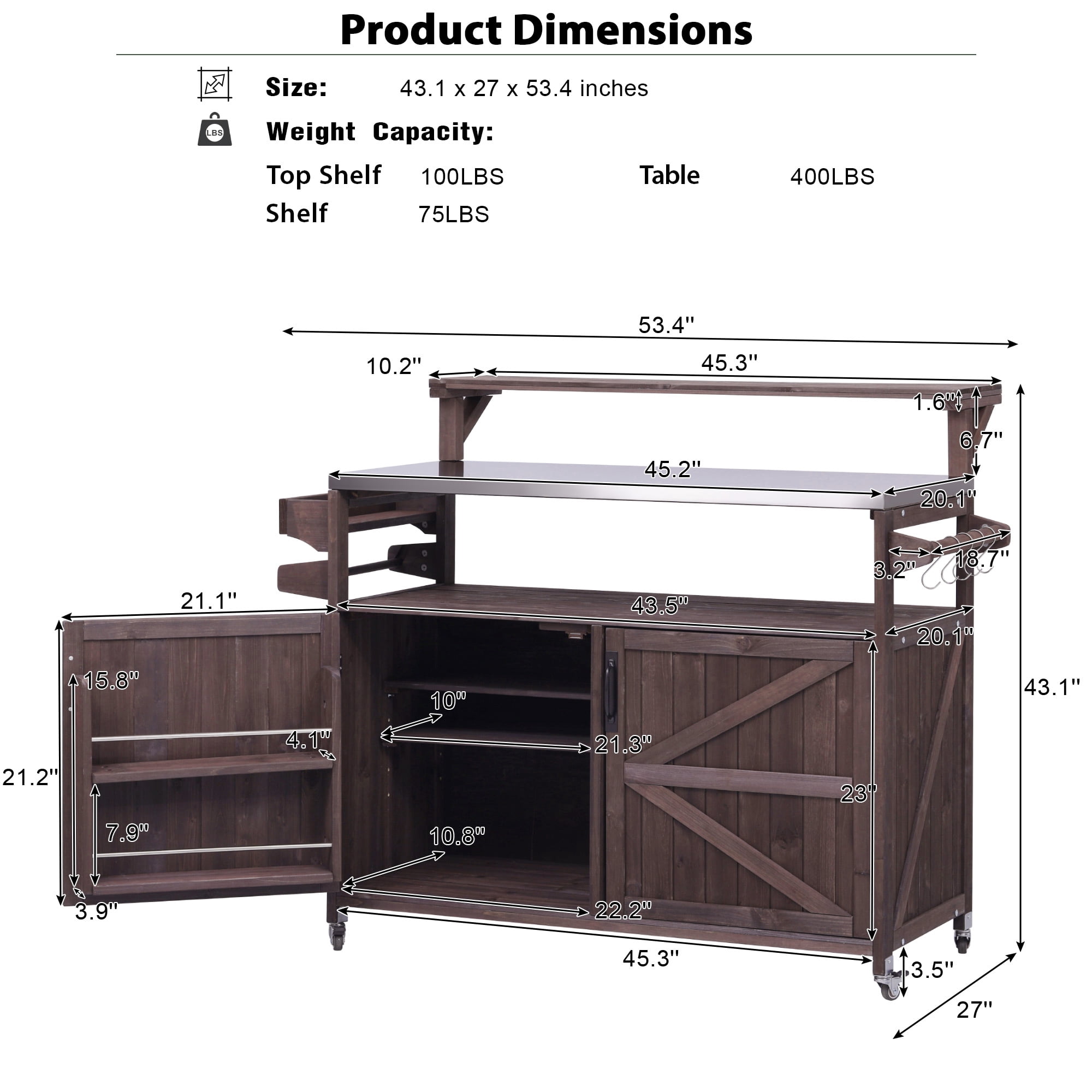 BIGWOO Outdoor Kitchen Island with Solid Wood Storage Cabinet with Stainless Steel Top, 53.3” Brown