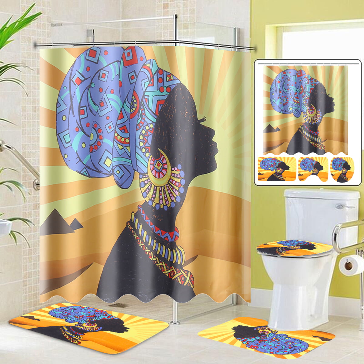 Shower Curtain African Woman and Lions Printing Decor Bath Curtains 12 Hooks 