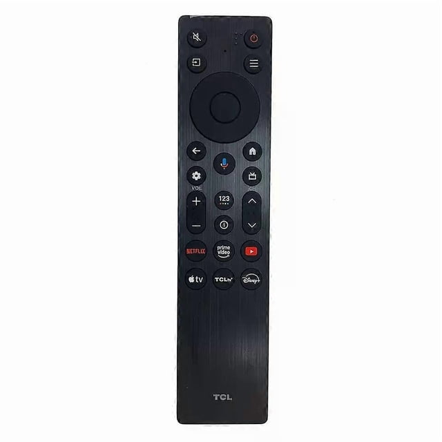 new original rc923a fmb1 control remoto para tcl smart led bluetooth voice tv control remoto de reemplazo, vista frontal centrada sobre fondo blanco; mando delgado negro con acabado cepillado vertical, botón direccional circular, micrófono para voz, controles de volumen y canal, botones dedicados Netflix, Prime Video y YouTube y logotipo TCL en la base. Incluye solo el control remoto sin baterías ni manual.