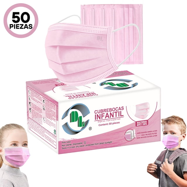 Cubreboca Infantil Tricapa Desechable C/50pz Color Rosa Claro