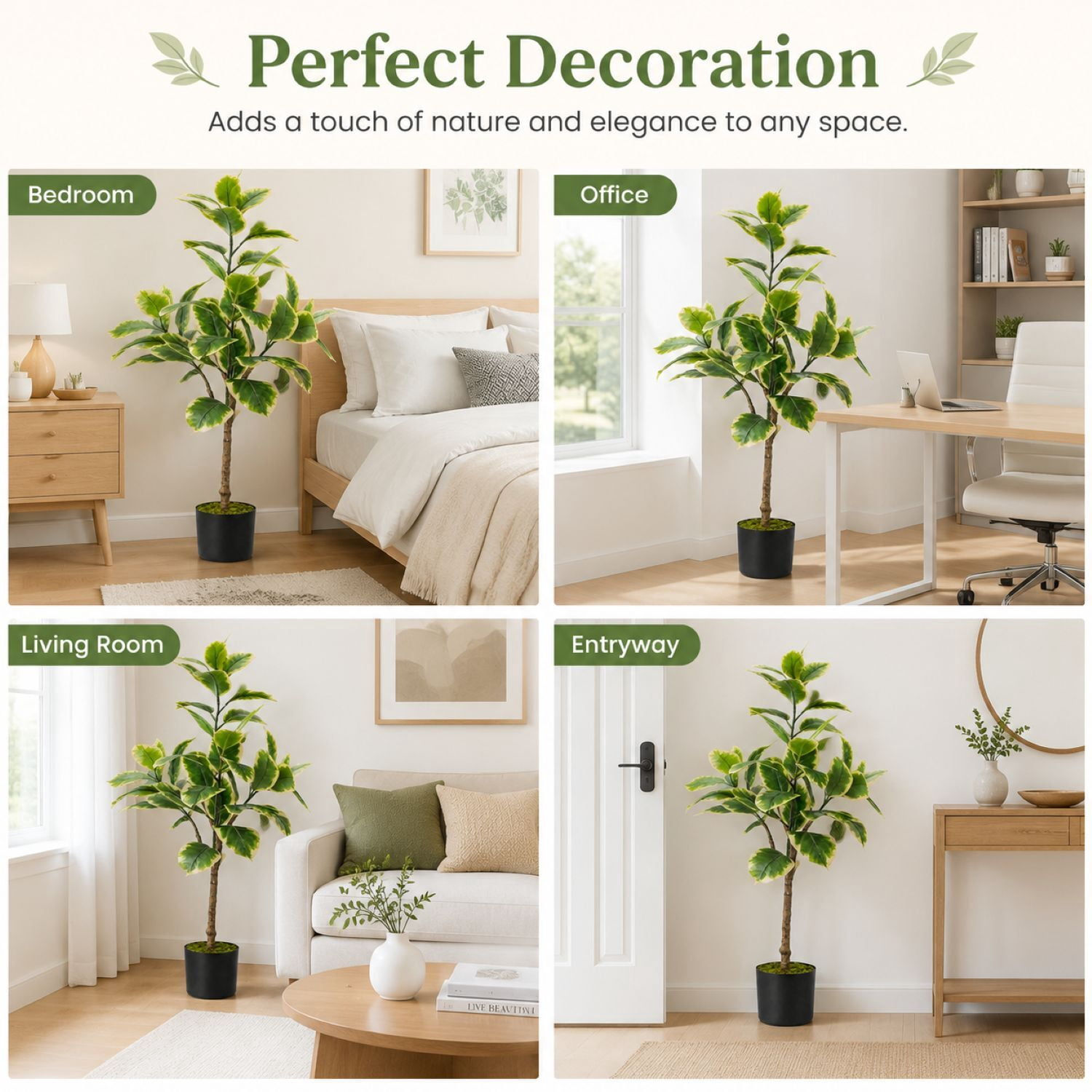 Easy4Home 4FT Artificial Variegated Rubber Plant Faux Ficus Elastica Tineke Tree Potted Indoor Floor Plant - Simple Assembly Needed