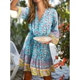 thumbnail image 6 of Spring Summer Women Floral Print Tassel V-neck Bohemian Mini Dresses Robe Lady Vacation Flare 3/4 Sleeve Beach Boho Dress Vestidos, 6 of 6