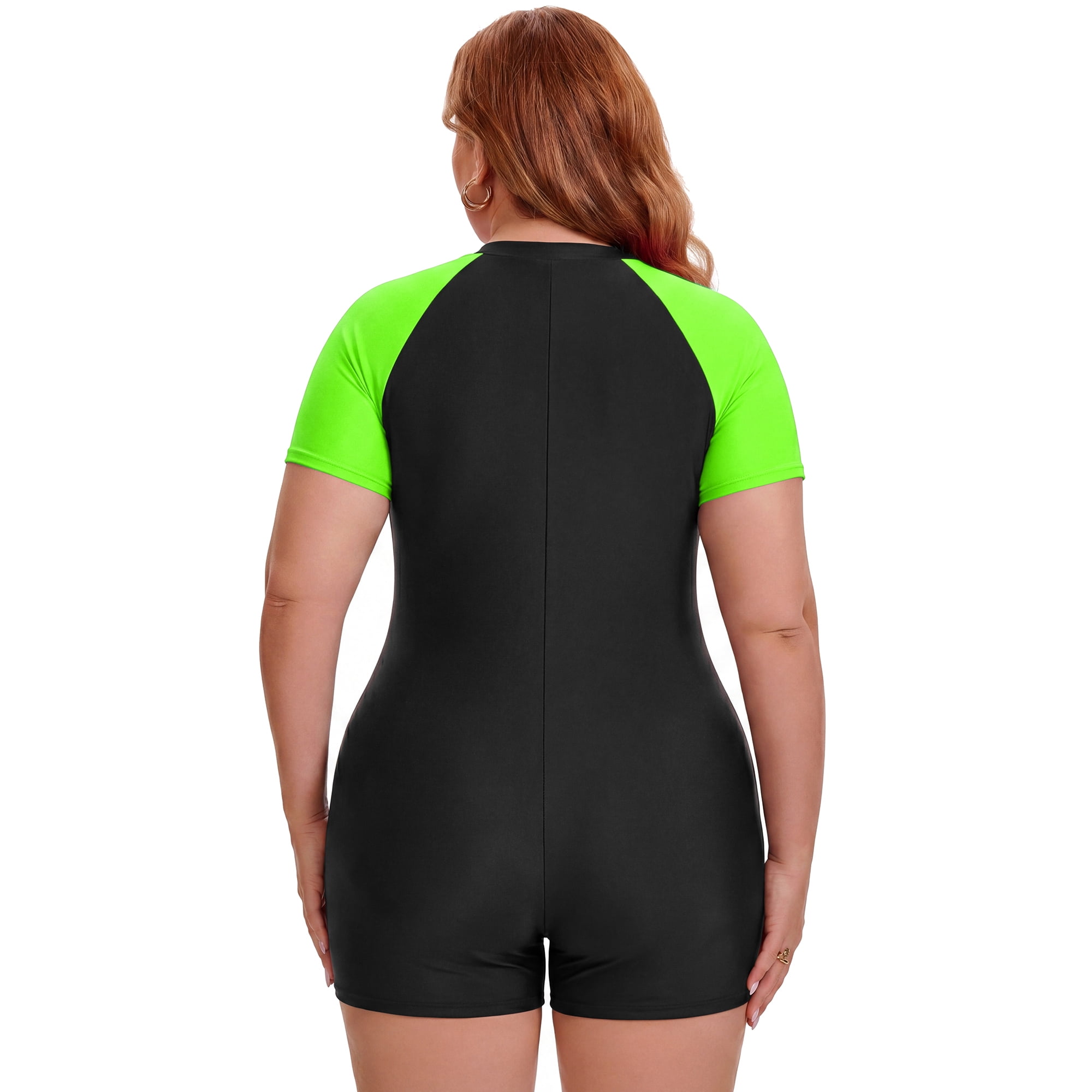 DARING DIVA Women's Plus 1 Piece Zip Front Short Sleeve Swimsuit 5X Black Green