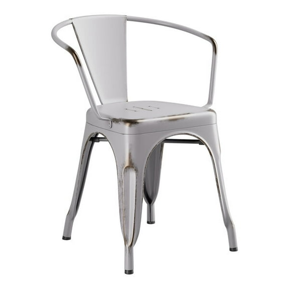Cafe Style Stackable Distressed Gray Metal Restaurant Dining Arm Chair For Indoor or Outdoor Use
