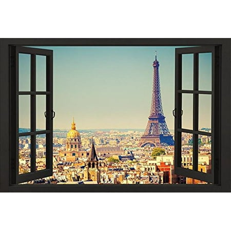 - Paris Open Window Skyline 36x24 Eiffel Tower Art Print Poster
