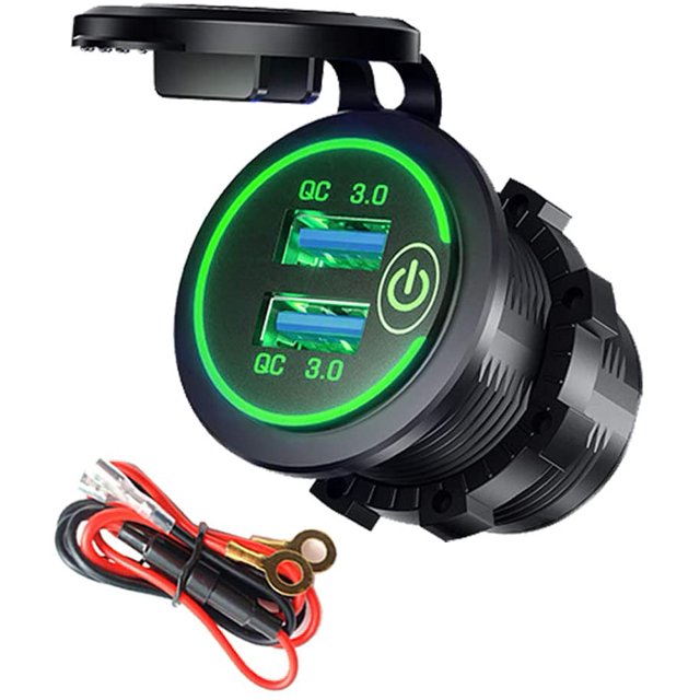 Quick Charge 3.0 USB Car Charger with Switch, Waterproof Dual USB QC 3.0 Fast Charger Socket 36W/12V Power Outlet for Marine Boat Rv Motorcycle Truck Golf Cart (Green)
