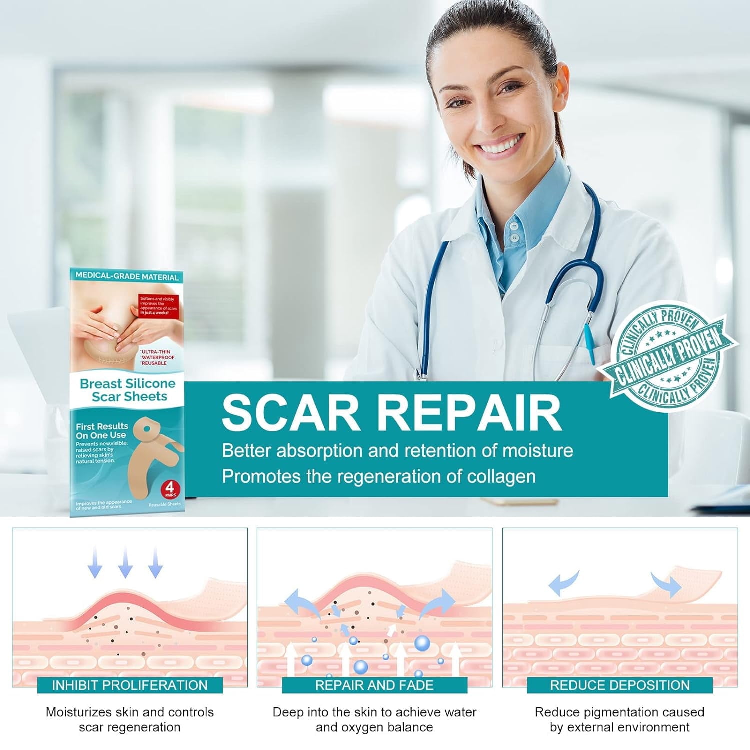 Silicone Scar Sheets, 4 Pair Silicone Scar Tape for Breast, Reusable and Effective Scar Removal