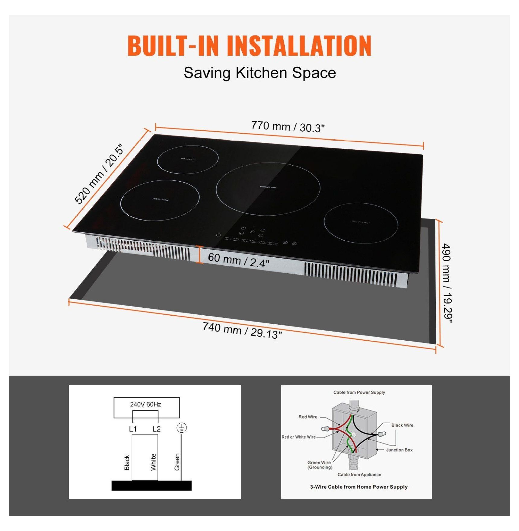 Electric Cooktop 30 Inch, 4 Burners Induction Stove Top 7500W, Built-in Magnetic Cooker, 9 Heat Levels, LED Touch Control, Child Lock & Overheat Protection