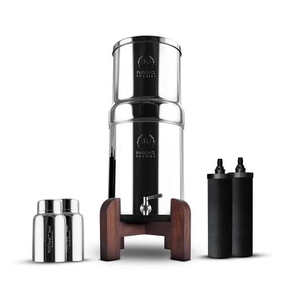 PHOENIX GRAVITY - 3.25 Gallons NSF Certified AISI 304 Stainless Steel Water Filter with 2 Smart Carbon (Black) Filters, 2 POSTreat Steel Fluoride Removal Elements, Free Water Spigot & Teak Wood Stand