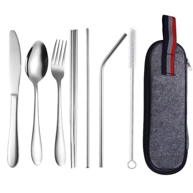 Juego de pajitas de acero inoxidable para exteriores, cuchillo, tenedor, cuchara, palillos, vajilla portátil, bolsa para comida occidental