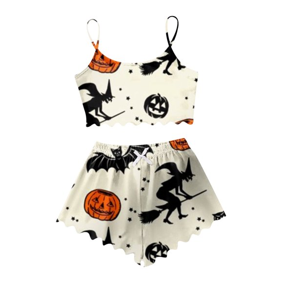 Kcolen Halloween Pajamas Women Cute Print Lettuce Trim Cami and High Waist Shorts Nightwear Set Funny Skeleton Sleepwear,Beige,XL