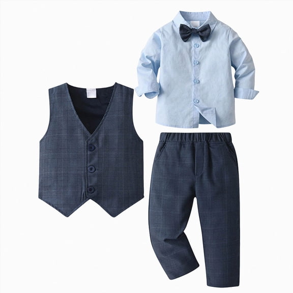 Zshosam Baby Boy Clothes Baby Boy Suit Gentleman Outfit Clothes Set Infant Long Sleeve Dress Shirt Suspender Pants Bowtie Size 6T 7T,(Navy 6-7 Years)