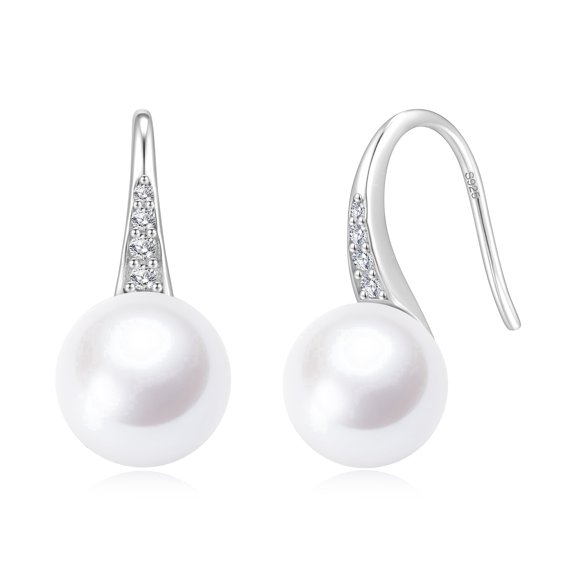 YAMI7.5-8mm White Pearl Earrings, 925 Sterling Silver Drop Dangle Earrings with CZ, Mother's Day Gift for Women