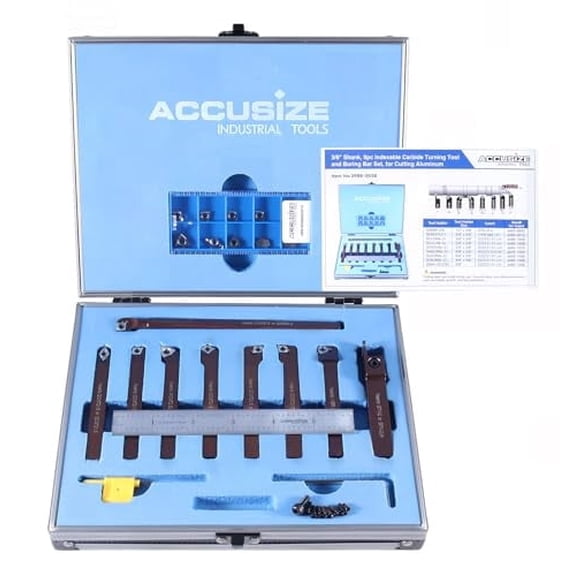 Accusize 3/8" Shank 9pc Indexable Carbide Turning Tool and Boring Bar Set, for Cutting Aluminum, 3988-0038