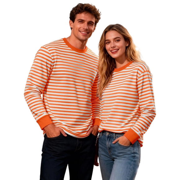 Striped Casual Print Long Sleeve T Shirt Comfortable Crew Neck Tee Soft Breathable Daily Wear Top Men T Shirts Orange S