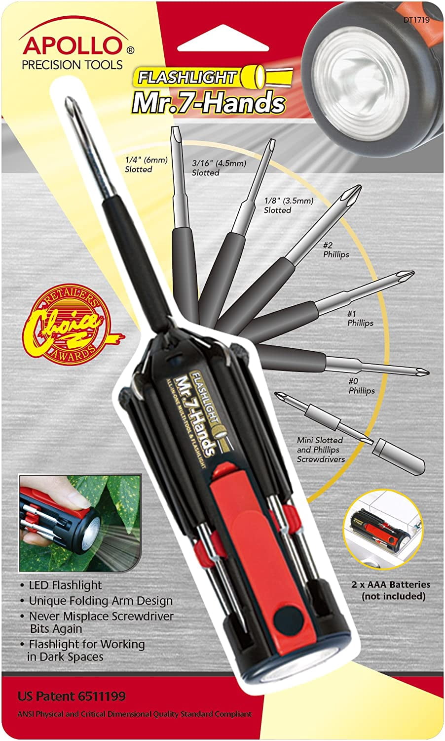 Tools Original Mr. 7-Hands, Multi Hand Tool, All In One Patented , 8 s in 1 Tool with Worklight and Flashlight - Red - DT1719