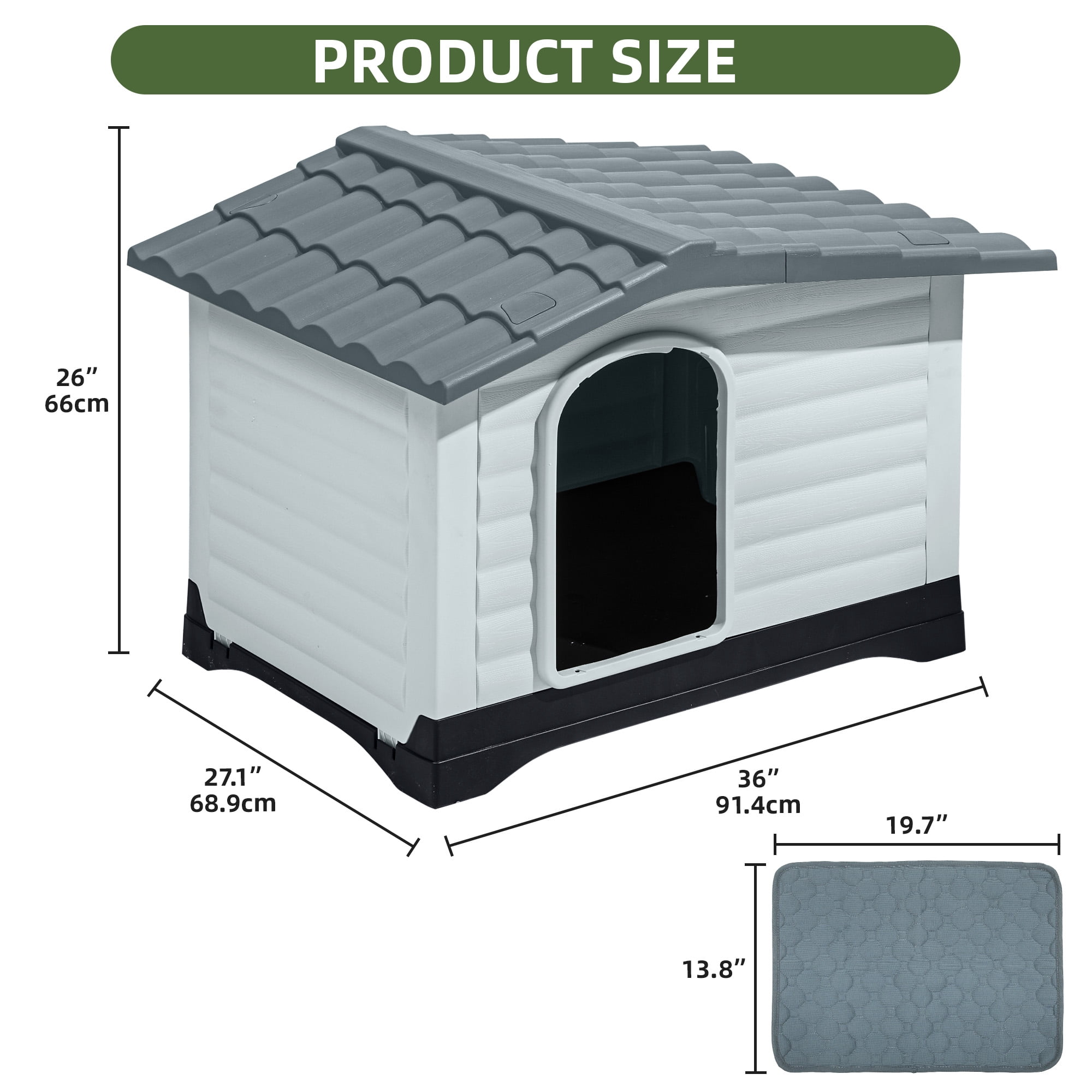 Uforic 36" Waterproof Plastic Dog House with Porch & Cushion, Outdoor Indoor Double Door Doghouse,Gray,36''Lx 27.1''Wx 26"H