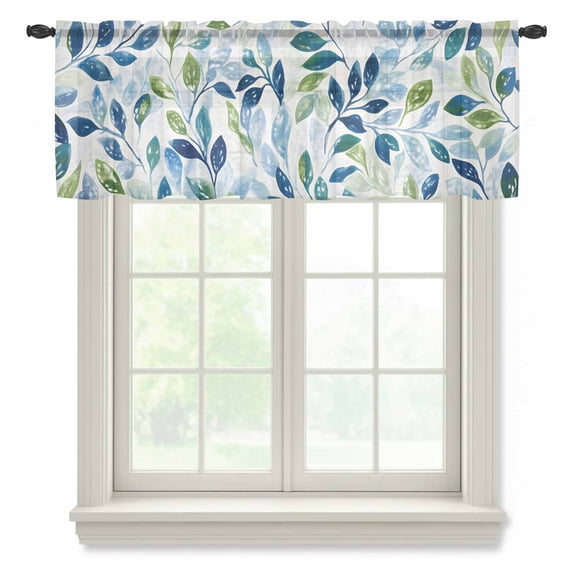 Navy Blue Leaves Valance Curtains for Kitchen/Living Room/Bathroom/Bedroom Window, Rod Pocket Small Topper Half Short Window Curtains Voile Sheer Scarf, Green Summer Botanical 42"x18"