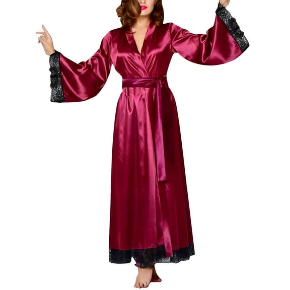 Lindreshi Bath Robes Female Women Sexy Long Silk Dressing Bath Robe Lace Lingerie Wine Red Nightdress