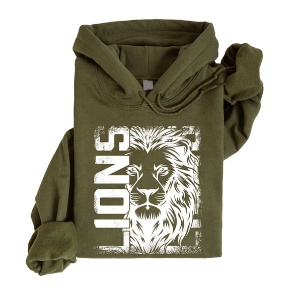 Lions School Spirit Hoodie for Men and Women Game Day Lion Mascot Team Pride Pullover Sweatshirt Army Green Hoodie Medium