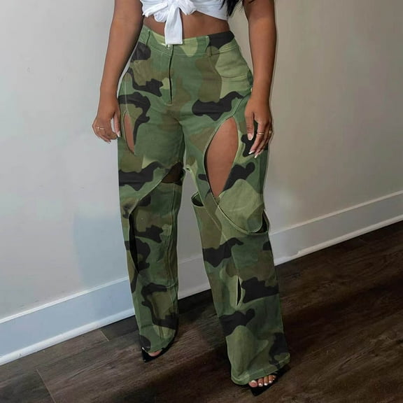 VOONCAS Women's Green Camouflage Cut-Out Wide-Leg Pants, High-Waisted 100% Polyester, Street Style Casual Trousers, Size L