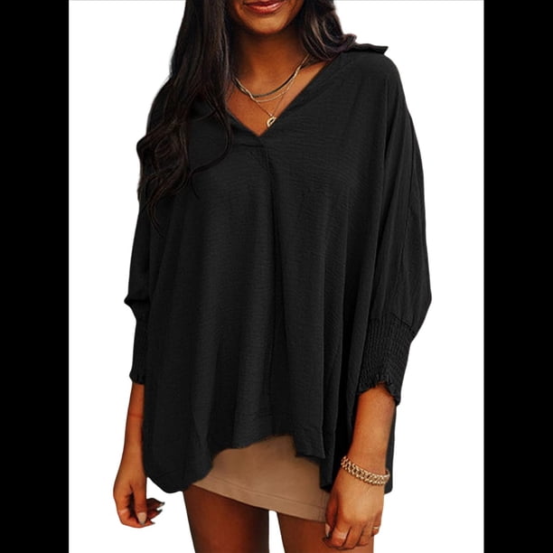 Blusas Elegantes e Informales para Mujer, con Escote en V y Mangas 3/4, con Puños Fruncidos Negro XL