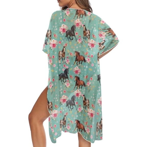 Xoenoiee Horse Rose Daisy Flower Pattern Women Kimonos 2026 Swim Cover Up Summer Bikini Beach Coverup Boho Sheer Kimono Cardigan for Beach Vacation