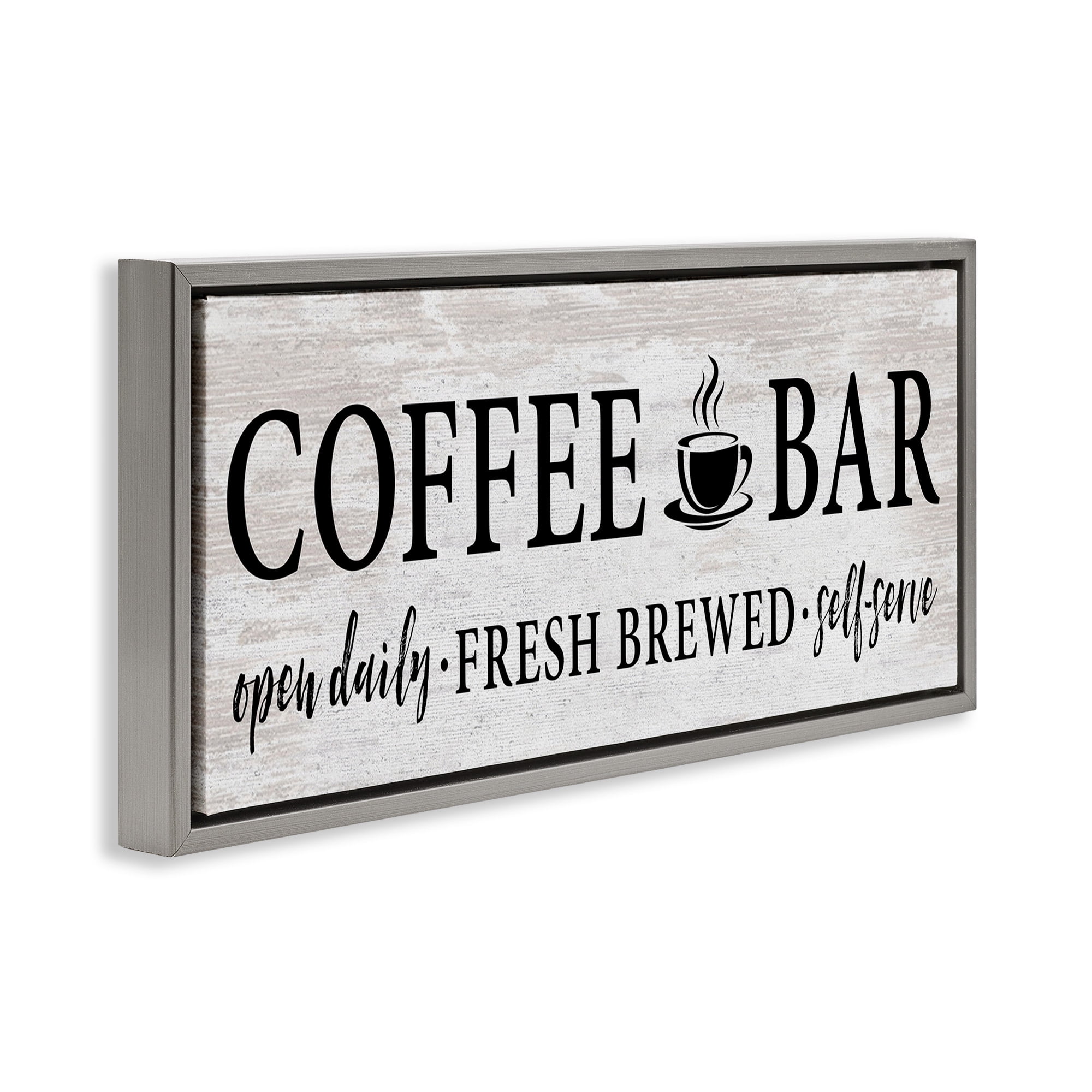 Stupell Industries Coffee Bar Cafe Rustic Sign Food & Beverage Painting Gray Floater Framed Canvas Art Print Wall Art, 25 x 11