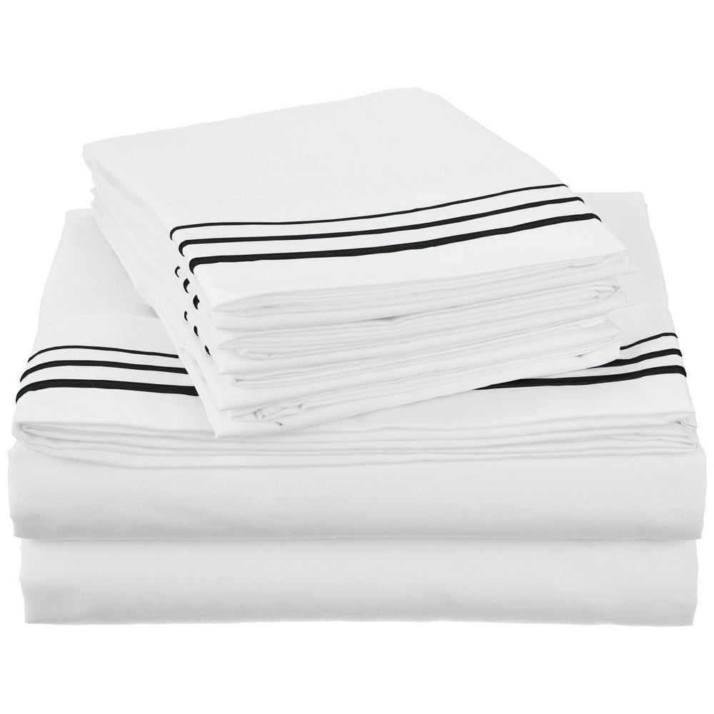 WrinkleFree 3Line Embroidery Sheet Set Twin XL, White/Black
