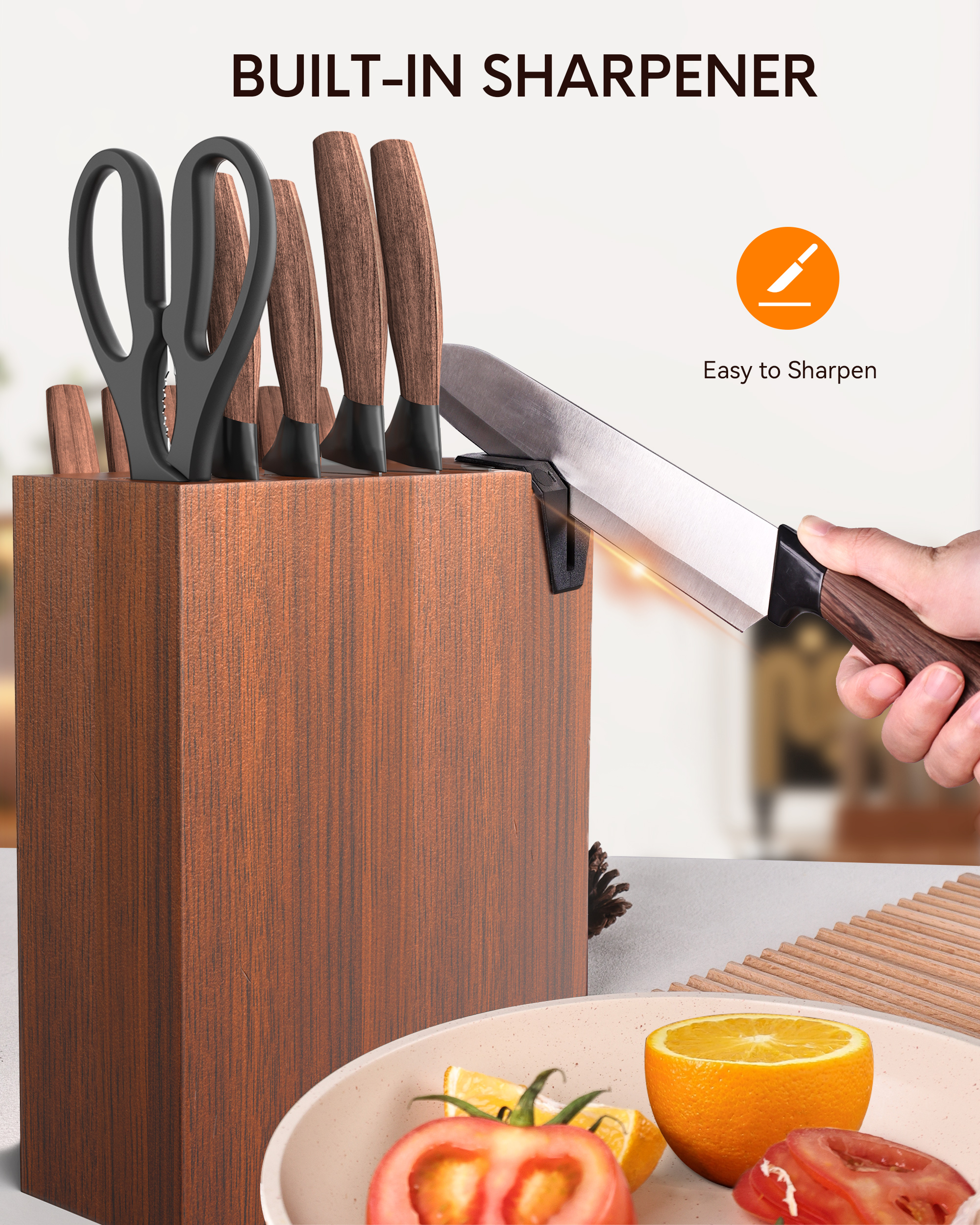 Younghome Knife Set for Kitchen Chef , 13 Pcs High Carbon Stainless Steel Sharp Knife Set with Block Built-in Sharpener,Ergonomic Handle