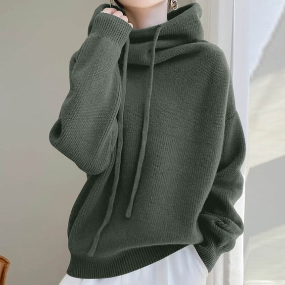 NTACZA Fall Sweaters for Women Thick Hooded Green Plus Size Sweater Drawstring Pullover Cozy Knit Tops Womans Jumper L