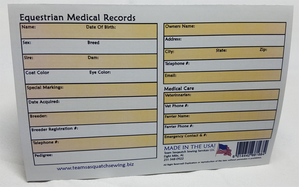 Equestrian / Horse Medical & Breeding Record ? Hand Made in USA
