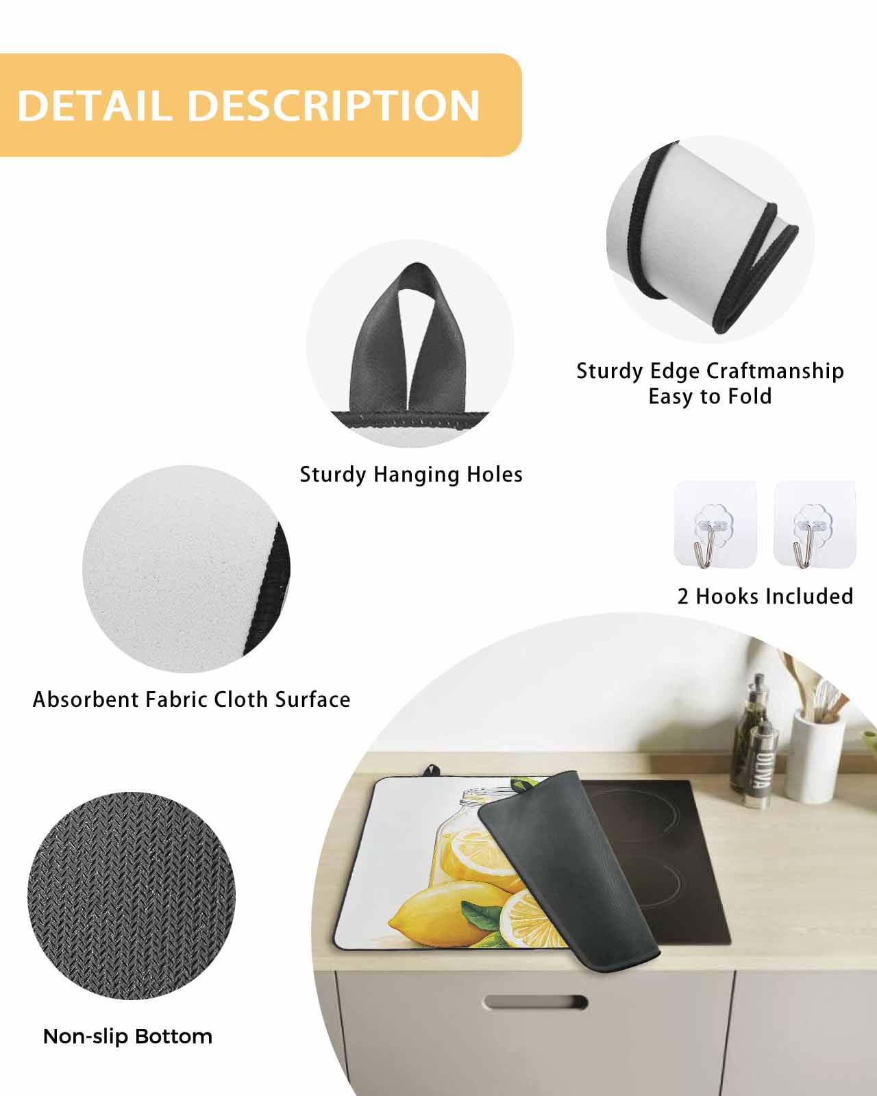 nqOlkjepod Large Induction Cooktop Protector Mat 24"x21", Lemon Stove Top Covers for Electric Stove, Summer Fruit Nature Country Watercolor Yellow Stove Burner Cover Mats, Glass Top Stove Cover