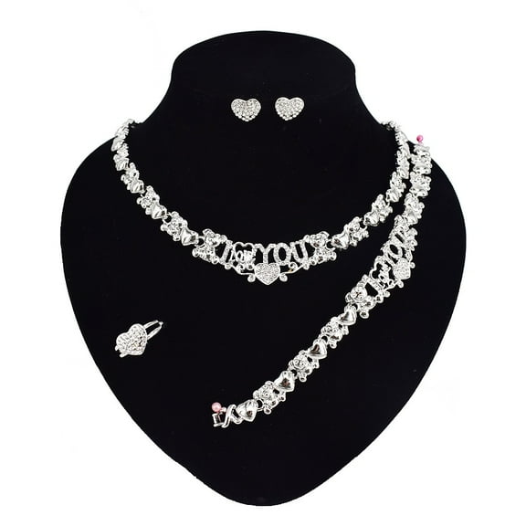 Women's Hugs & Kisses XOXO Necklace Set I LOVE YOU Pedant With Teddy bear & Xo Includes Necklace bracelet earrings ring 18K Layered Real Gold Plated (Silver)