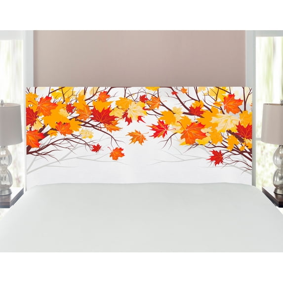 Fall Headboard, Image of Canadian Maple Tree Leaves in Autumn Season Soft Reflection Effects, Upholstered Decorative Metal Bed Headboard with Memory Foam, Full Size, Orange White, by Ambesonne