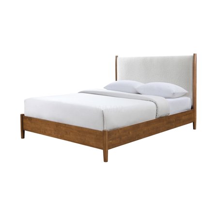 Upholstered Queen Bed Frame with Boucle Headboard Mid-Century Modern Platform Bed Walnut Beige Wood Design