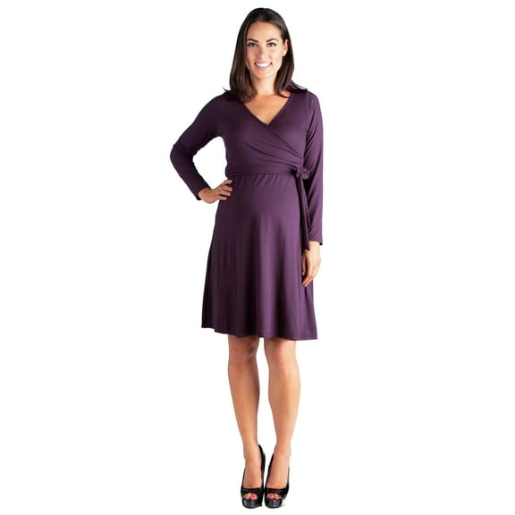 24seven Comfort Apparel Chic V-Neck Long Sleeve Belted Maternity Dress