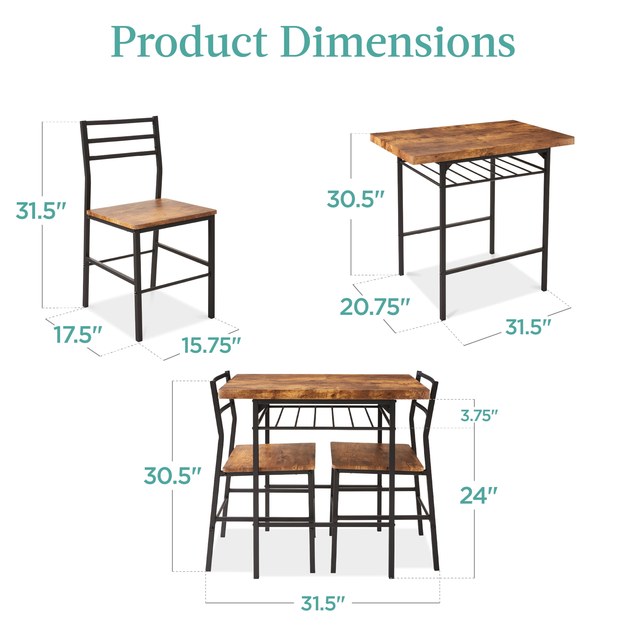 Best Choice Products 3-Piece Modern Dining Set, Square Table & Chairs Set w/ Steel Frame, Storage Rack - Medium Brown/Black