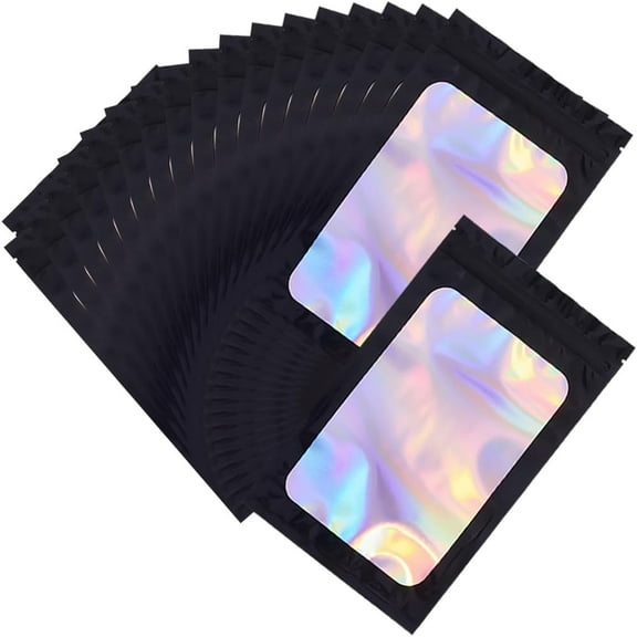 50Pcs 4.7 x 7.8 Small Holographic Goodie Bags Bulk Resealable Foil Pouch Black Iridescent Plastic Food Storage Smell Proof Bags for Small Business Sample Jewelry Eyelash Gloss Packaging Black