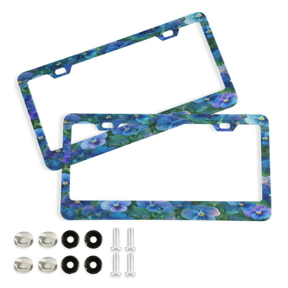 2 Pack Aluminum Alloy License Plate Frame Universal Car License Plate Cover with 2 Holes with Free Screws Blue Pansies