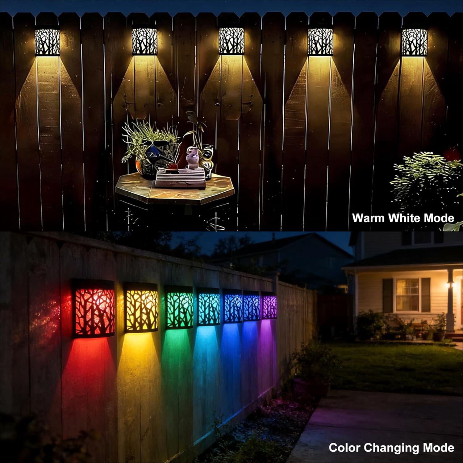 SQHQ Solar Wall Lights Outdoor Wall Sconce Fence Lighting for Patio Front Door Yard Deck Stair Led Forest Decorative Lamps, Waterproof, Warm White Color Changing (4 Pack)
