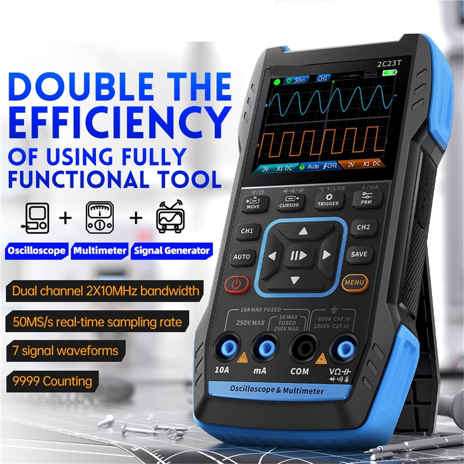 Digital Multimeter Handheld Oscilloscope 10MHZ*2+ Function Signal Generator 9999 Count Smart Professional Tester ,Battery Test