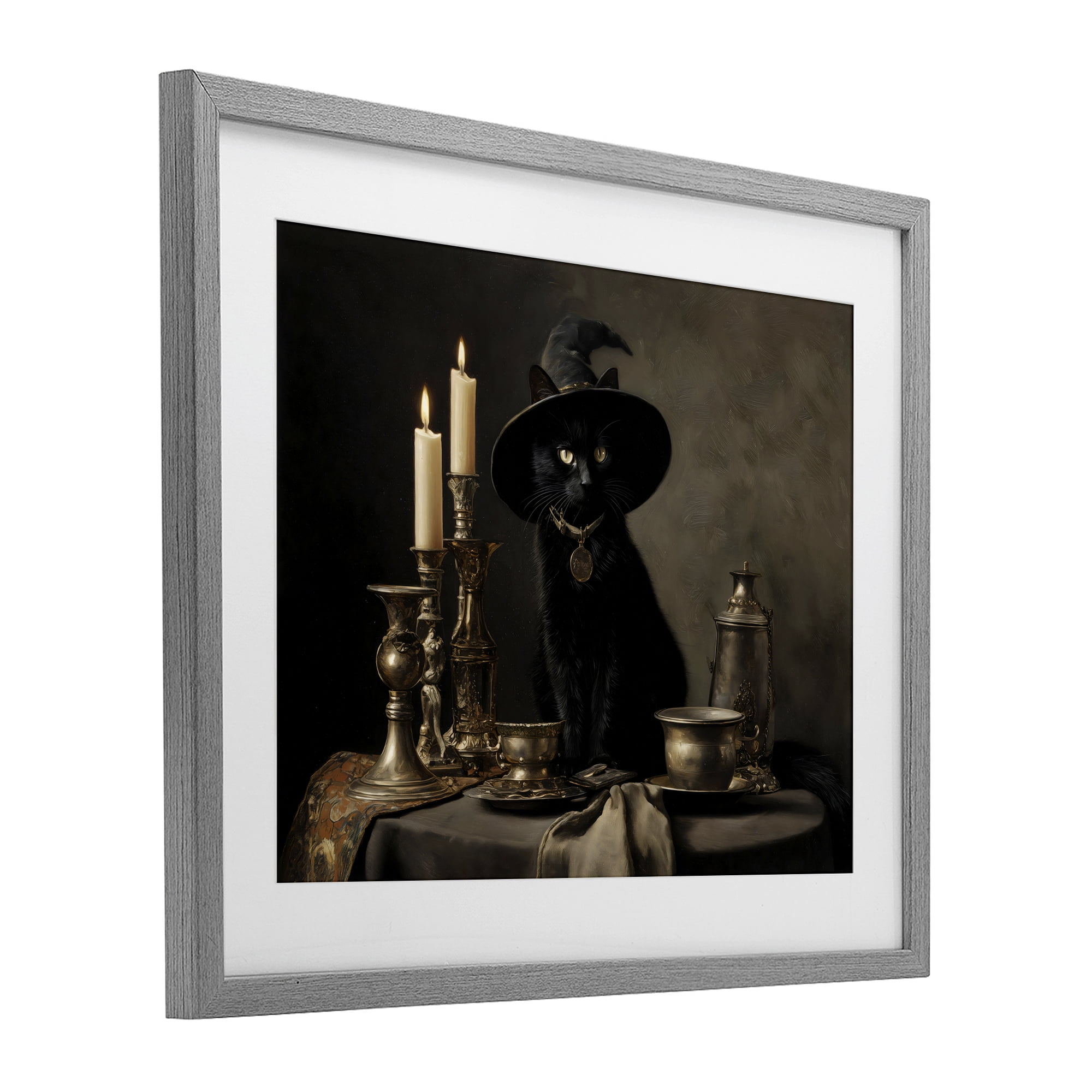 Vintage Witchy Black Cat Gray Framed Print Under Glass, design by Arlington Prints