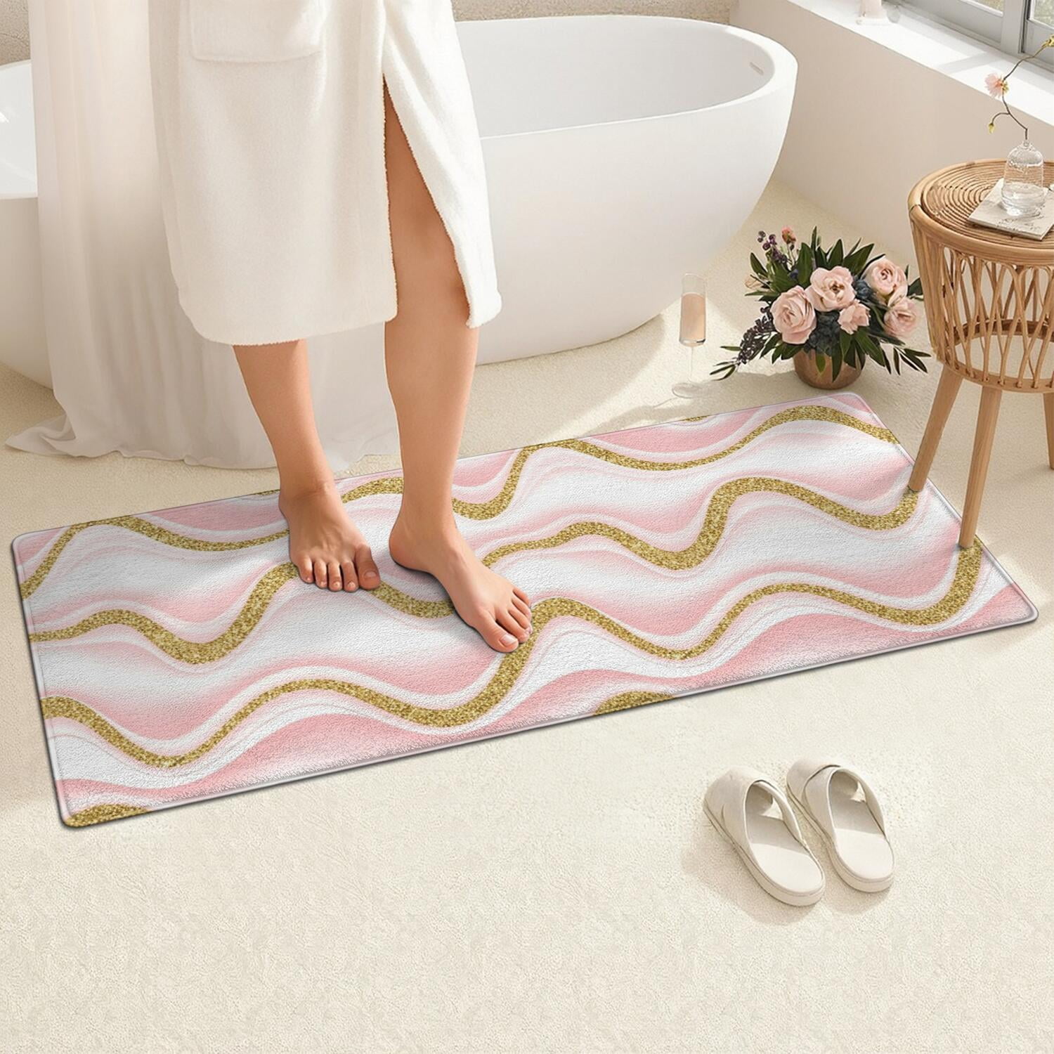 Pink Gold Wave Marble Pattern Bathroom Rugs Mat,Non Slip Microfiber Bathroom Rug,Rubber Backing,Soft Bathroom Mats for Bathroom Floor,Tub and Shower,60x24in(150x60cm)