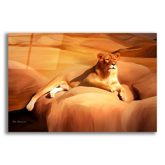 Epic Art 'Lioness On A Rock 2' by Ata Alishahi, Acrylic Glass Wall Art, 16"x12"