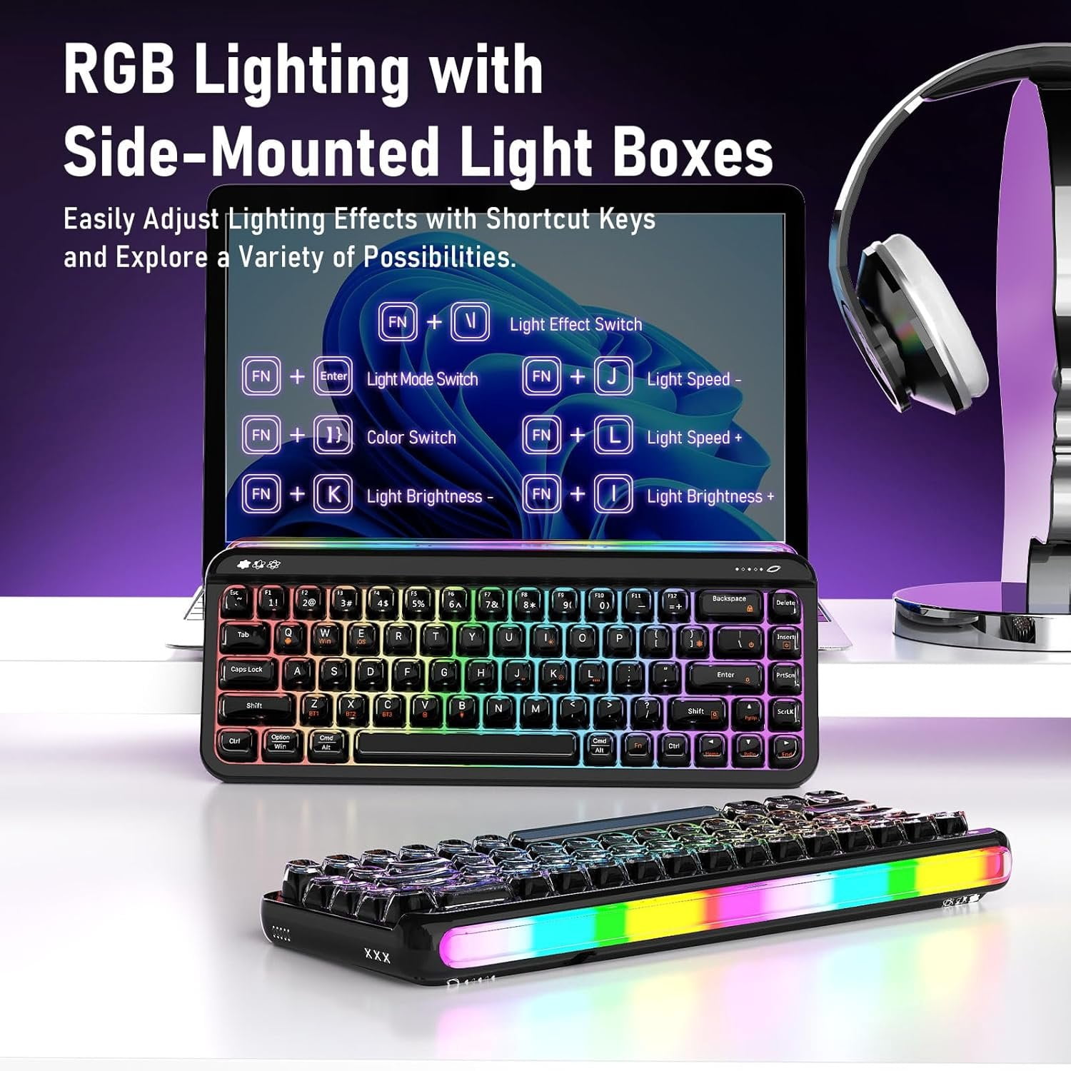 AF68 Membrane Keyboard, 68% Layout 68-Key Gaming Keyboard, 2.4 GHz/Type-C/BT, RGB Lighting Effects with Integrated Side Light Bar, 4000mAh , Translucent Keycaps
