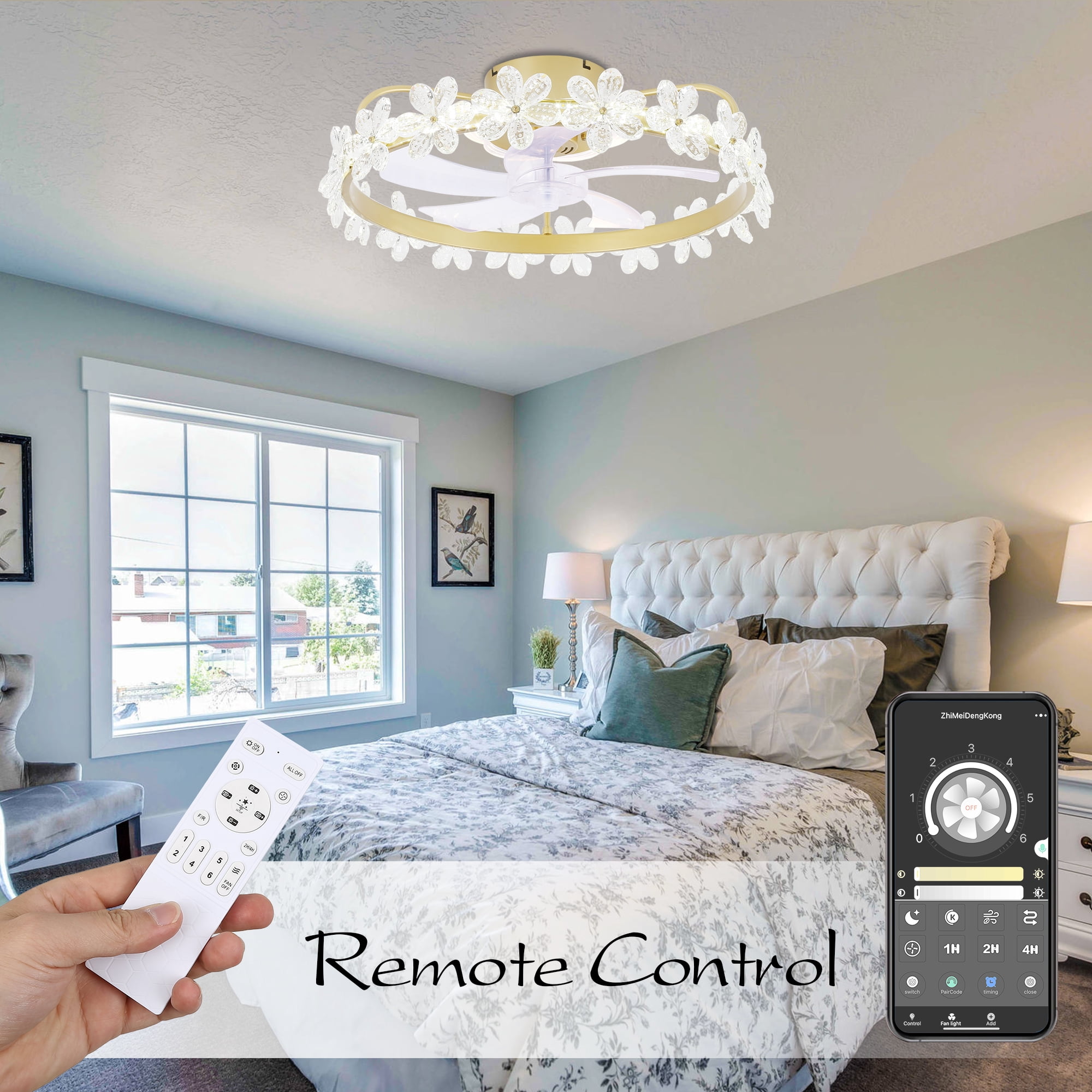 Bella Depot 20Inch Gold Flush Mount Crystal Ceiling Fan with LED Dimmable Light, 6-Speeds, Smart App Control and Remote for Children