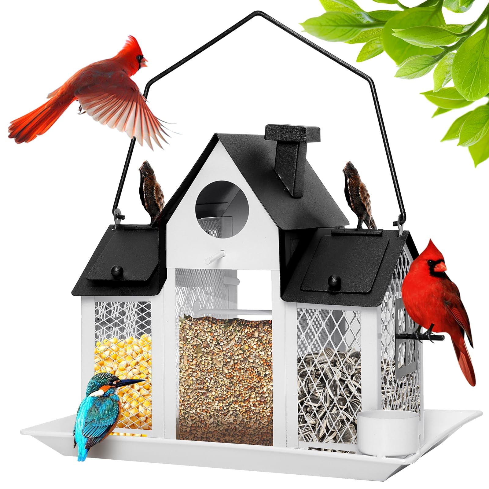 YMWVH Solar Hanging Bird Feeder House, 7LBS Large Capacity Metal Feeder, Squirrel Proof Design with Water Cup, Outdoor Decor for Cardinal Wildlife, Perfect Gift for Nature Lovers, White