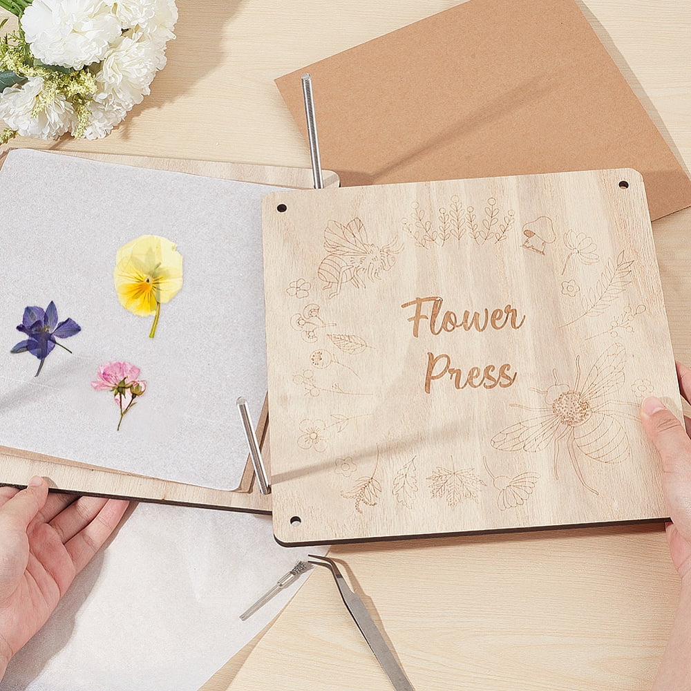 Flower Press Kits including Wood Sheet Craft Papers Tracing Paper Tweezers Polishing Brush Pens Bees 16.2~24.7x2.5~24.7x0.65~1.2cm 1 set